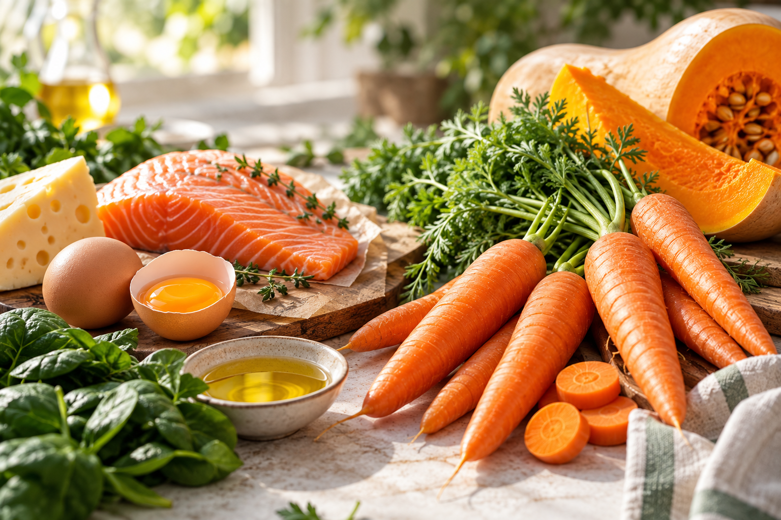 Carrots, pumpkin, salmon, eggs and leafy greens arranged with olive oil.