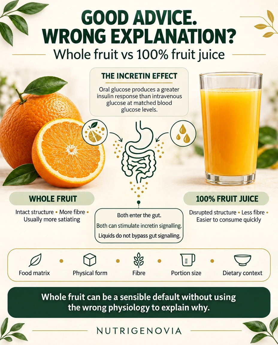 NUTRIGENOVIA infographic comparing whole fruit and 100% fruit juice, explaining the incretin effect
